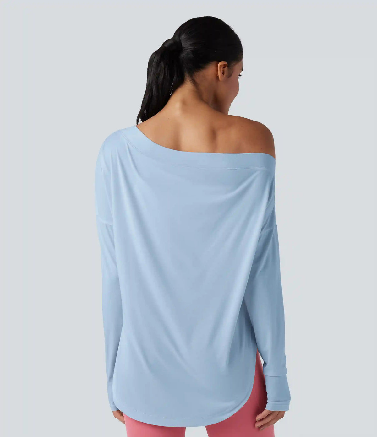 One Shoulder Long Sleeve Thumb Hole Curved Hem High Low Quick Dry Yoga Sports Top-Built-in Bra