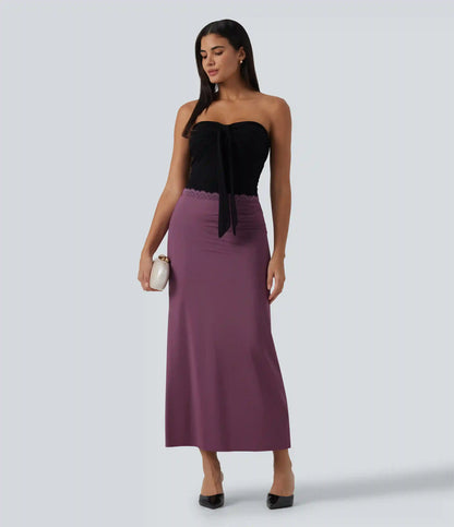 Mid Rise Contrast Lace Stretchy Satin-Like InstantCool Maxi Party Pencil Skirt