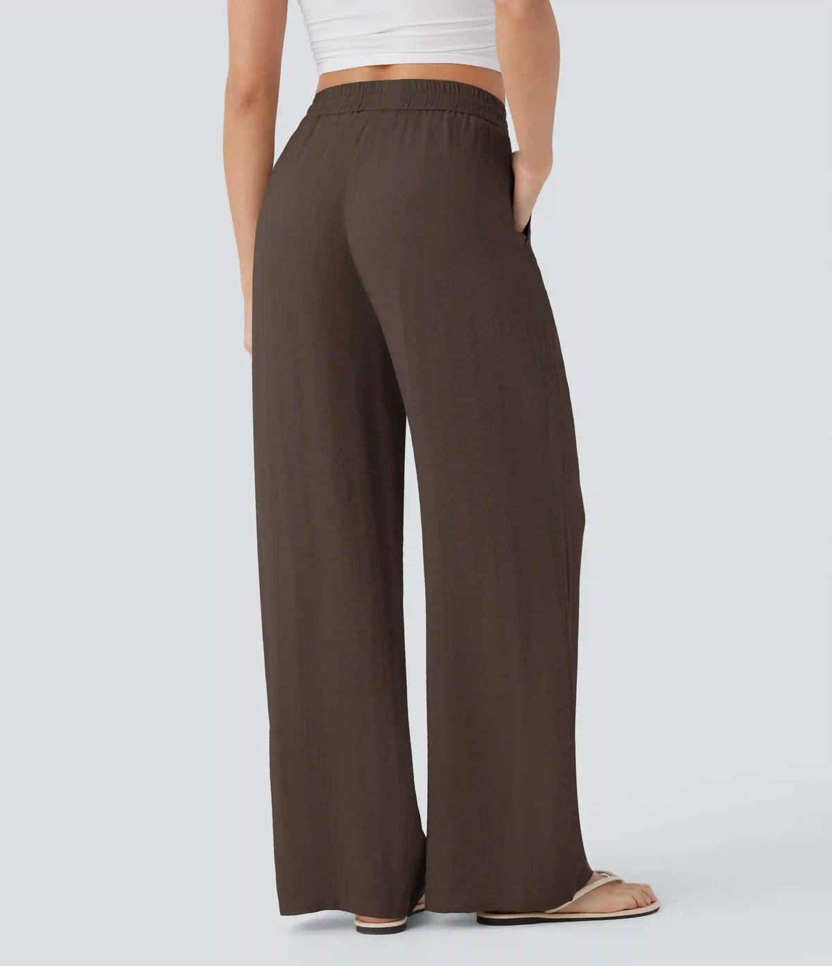 High Waisted Drawstring Pocket Wide Leg Baggy Casual Linen-Feel Pants