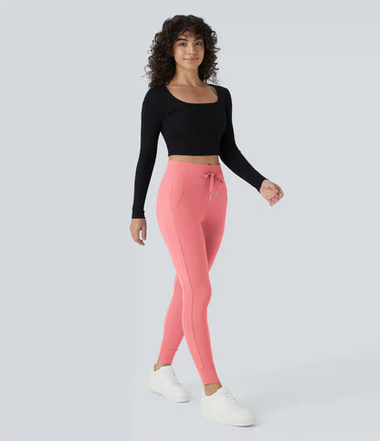 SoftlyZero™ Plush High Waisted Drawstring Pocket Plain Full Length Joggers