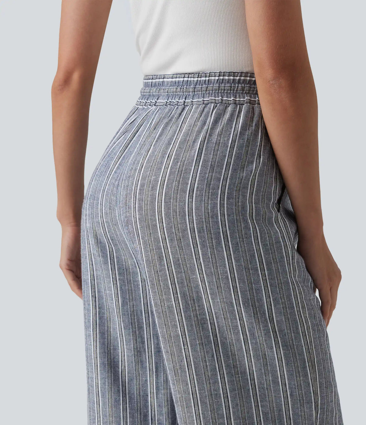 High Waisted Drawstring Stripes Linen Work Baggy Pants with Pockets