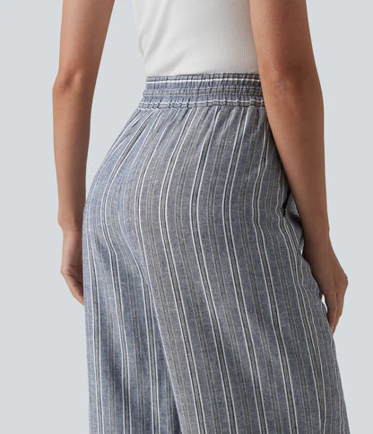 High Waisted Drawstring Stripes Linen Work Baggy Pants with Pockets