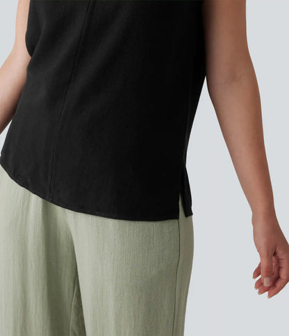 V-neck Sleeveless Split Hem Work Linen-Blend Blouse