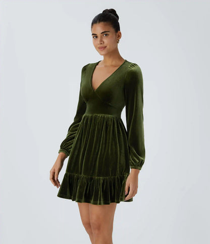 Everyday Deep V Neck Long Sleeve Ruffled Hem Velvet Mini Chill Dress