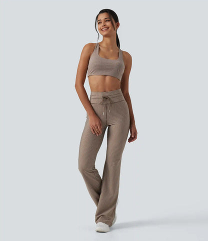 High Waisted Drawstring Stripe Flare Yoga Pants with Pockets