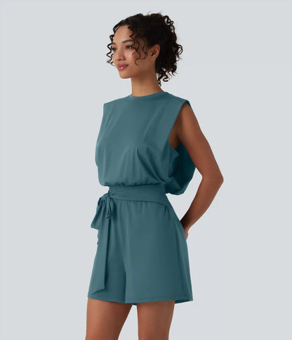 Round Neck Sleeveless Tie-front Cool Touch Casual Romper with Pockets-Easy Peezy-UPF50+