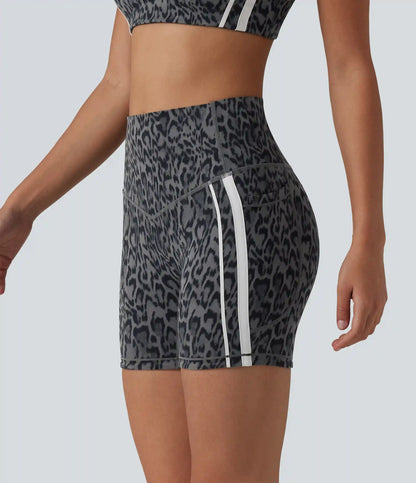 Halara UltraSculpt™ Leopard Print High Waisted Tummy Control Color Block Stripe Training Biker Shorts 5'' with Pockets