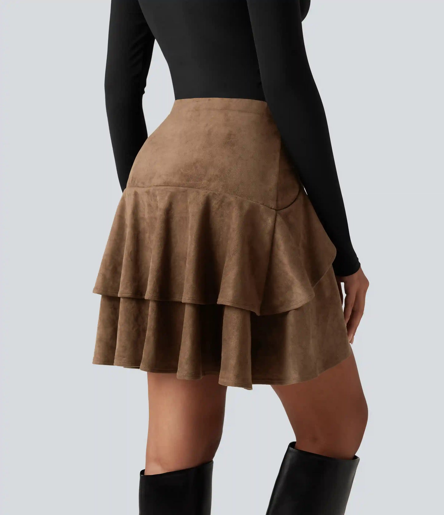 High Waisted Tiered Ruffle Hem 2-in-1 Longer Mini Suede Casual Skirt with Pocket