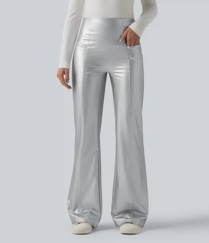 High Waisted Tummy Control Stretchy PU Fleece Casual Flare Pants with Pockets