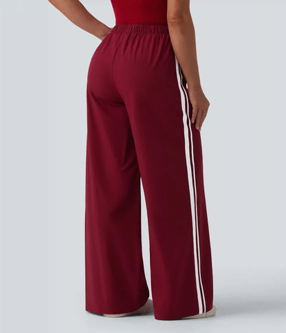 High Waisted Drawstring Wide Leg Stripe Casual Pants with Pockets