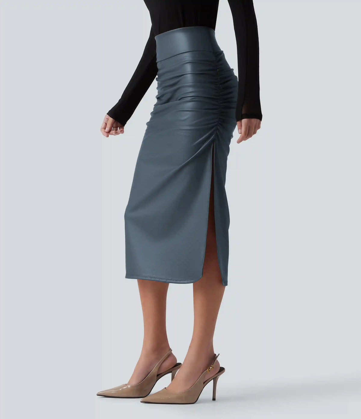 High Waisted Tummy Control Ruched Curved Hem 2-in-1 Fleece PU Midi Casual Skirt