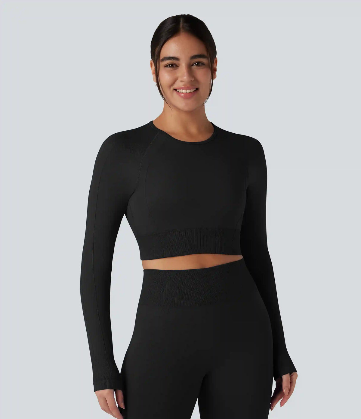 OneForm Seamless Flow Round Neck Long Sleeve Thumb Hole Cropped Yoga Sports Top