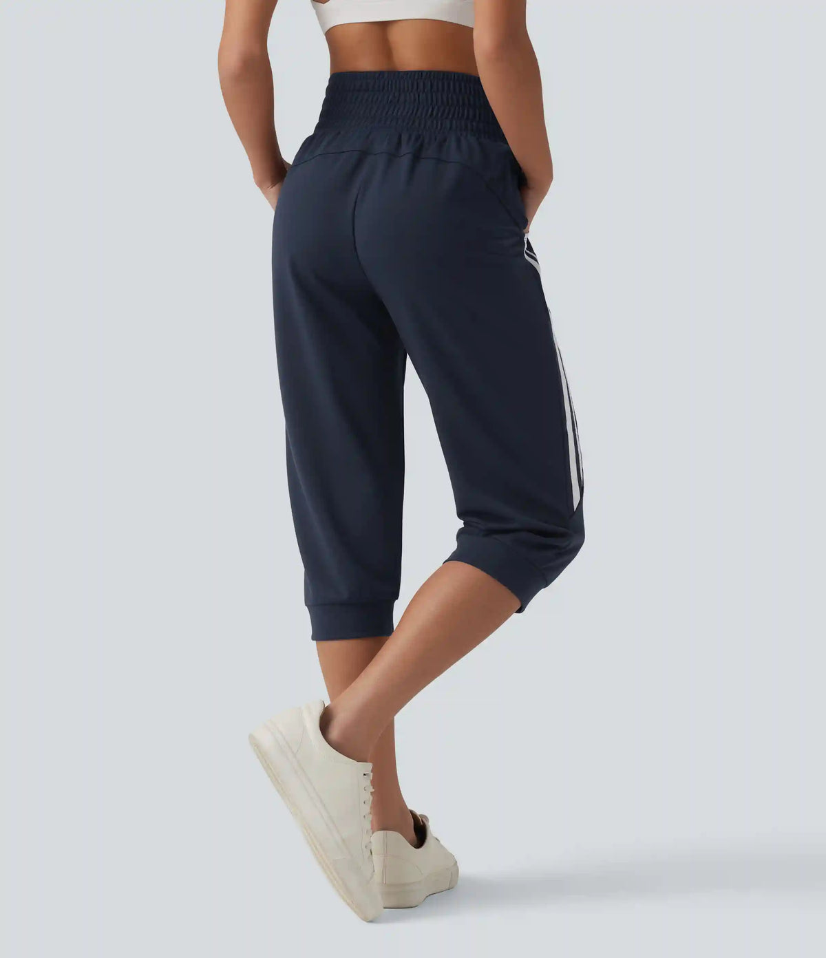 High Waisted Drawstring Stripe Capri Casual Joggers with Pockets