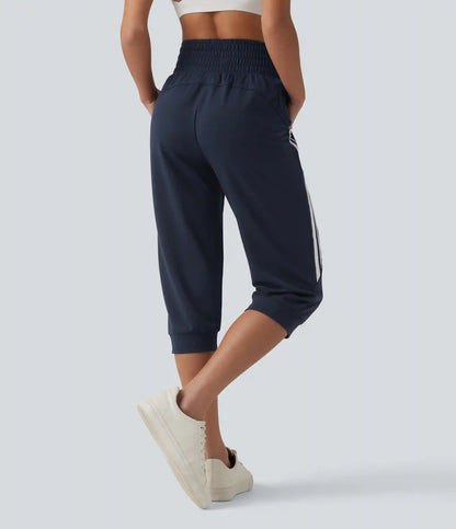 High Waisted Drawstring Stripe Capri Casual Joggers with Pockets