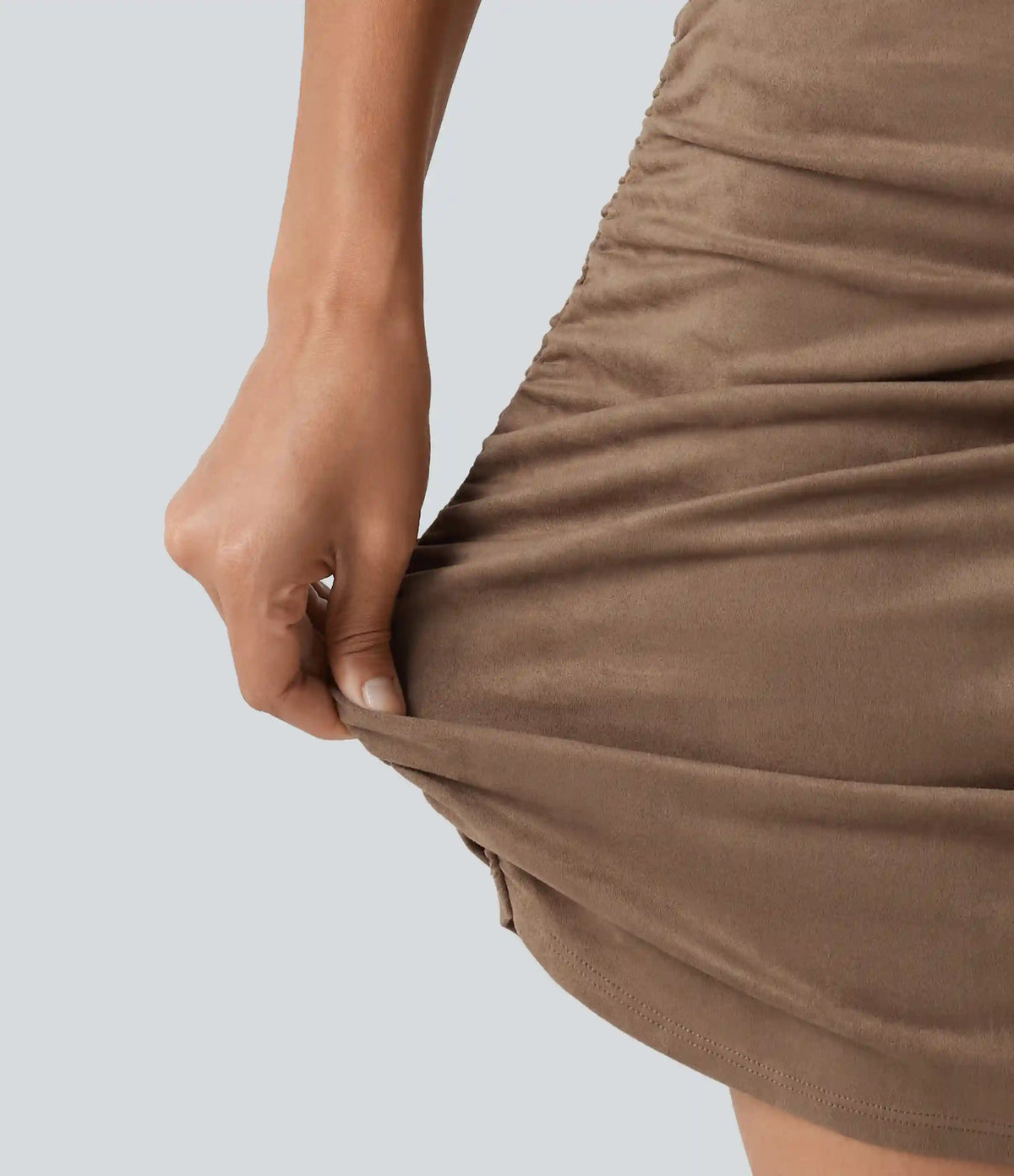 High Waisted Tummy Control Ruched Curved Hem Bodycon 2-in-1 Suede Mini Skirt-Longer Length