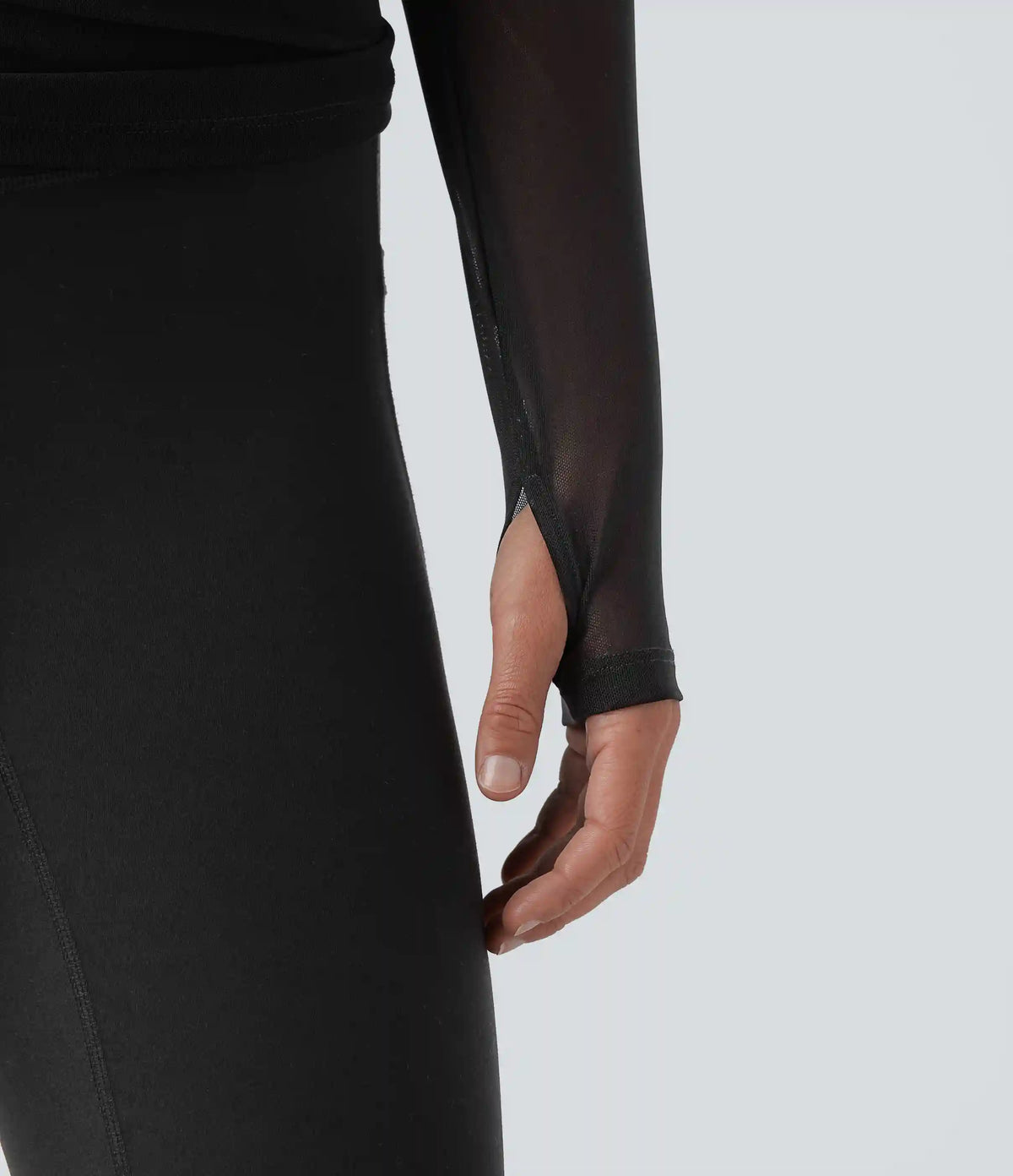 One-shoulder Long Sleeve Thumb Holes Ruched Mesh 2-in-1 Yoga Sports Top