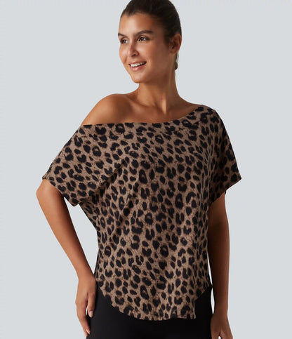 One Shoulder Short Sleeve Leopard Print Built-in Bra Curved Hem High Low Yoga Sports Top