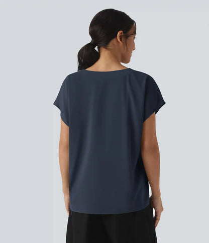 Wrinkle Recovery V-neck Short Sleeve Oversized Work Blouse