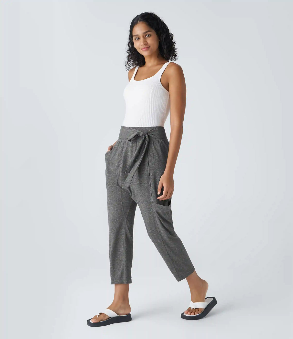 Mid Rise Tie Pockets Casual Harem Pants