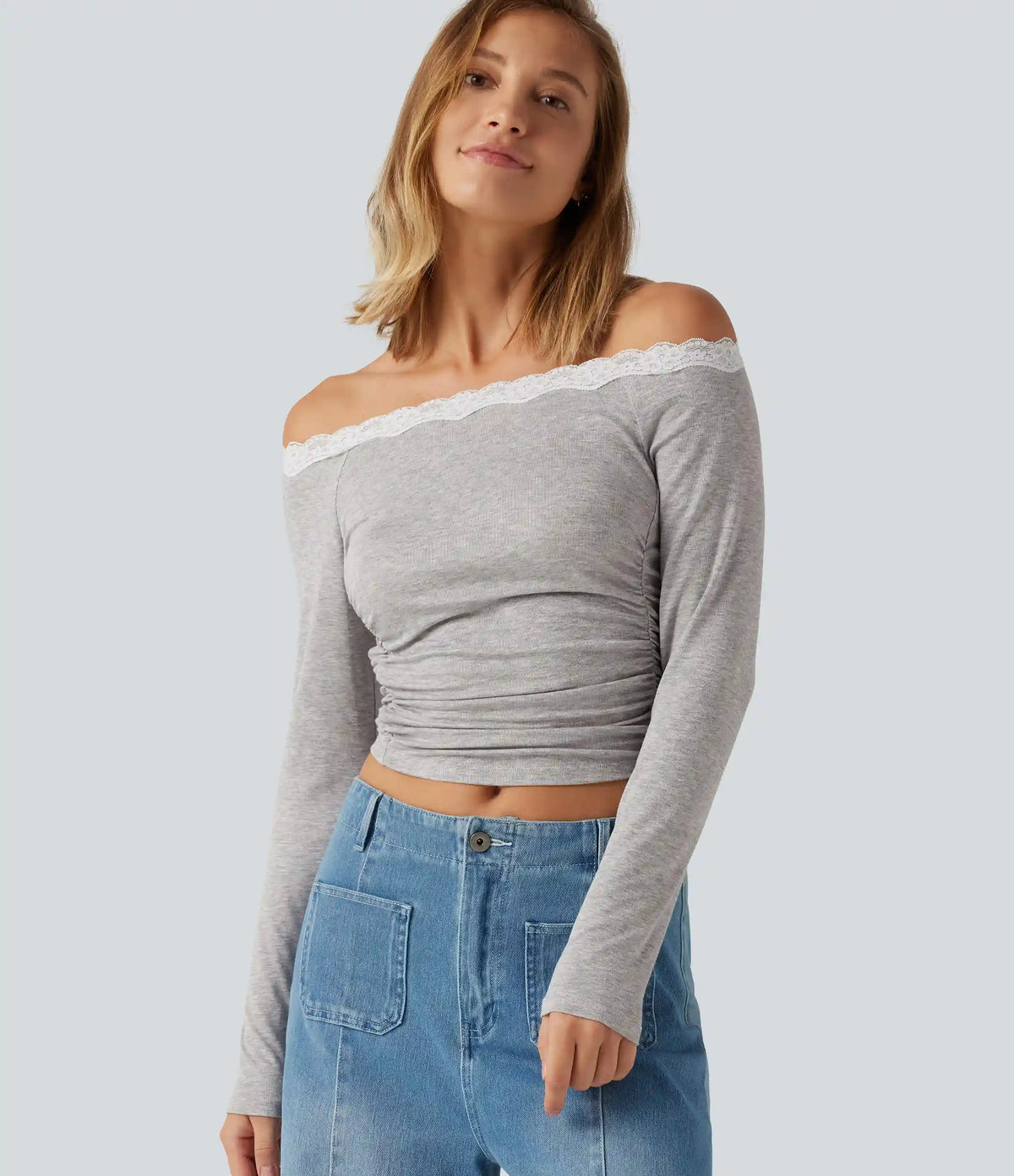 Ribbed Off Shoulder Long Sleeve Ruched Contrast Lace Casual Top