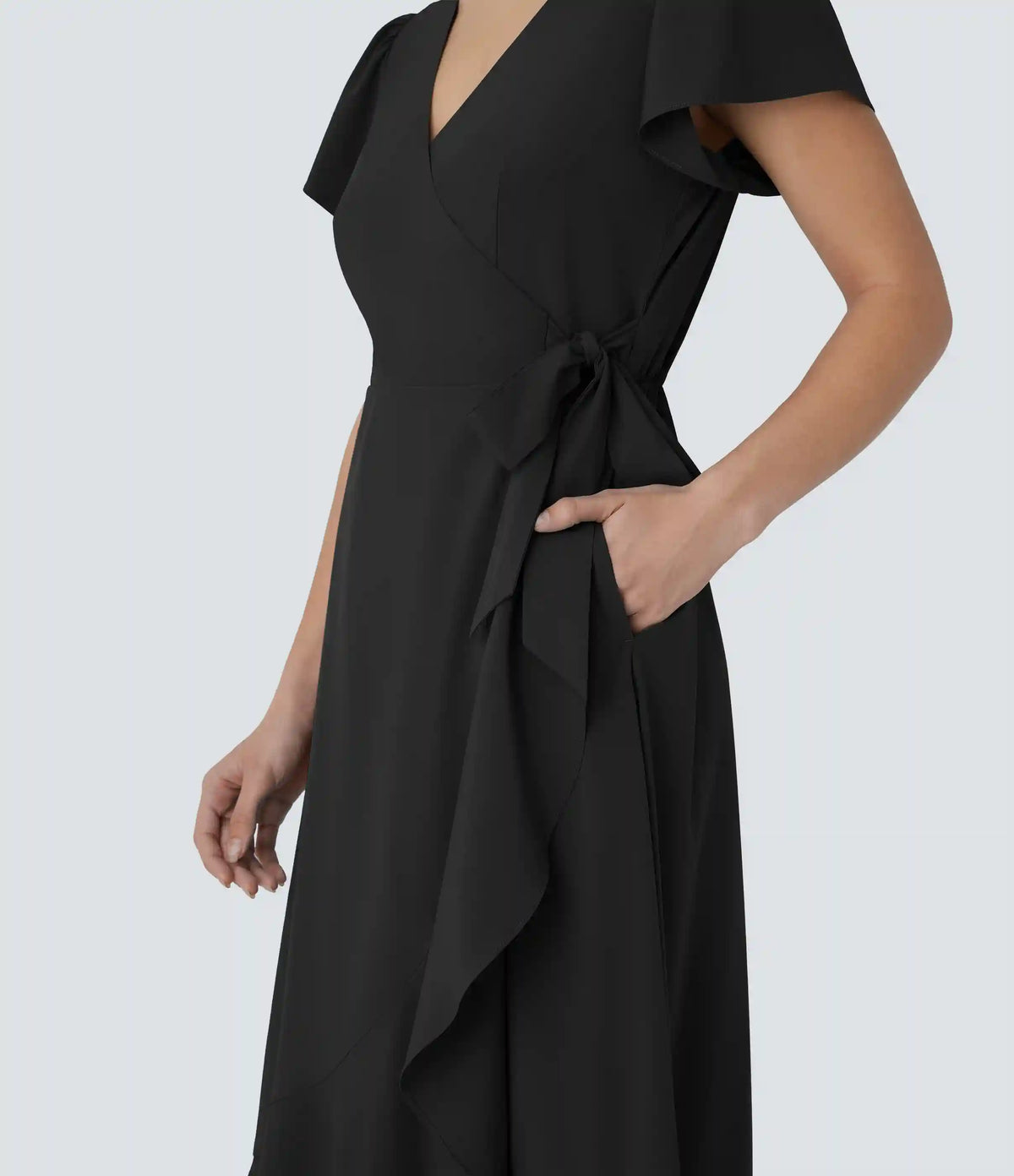 Breezeful™ V Neck Short Sleeve Wrapped Tie Pocket Ruffle Flowy Quick Dry Midi Casual Dress