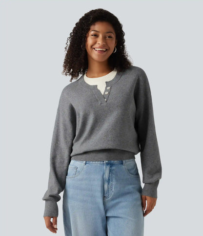 Round Neck Dropped Long Sleeve Color Block Work Sweater