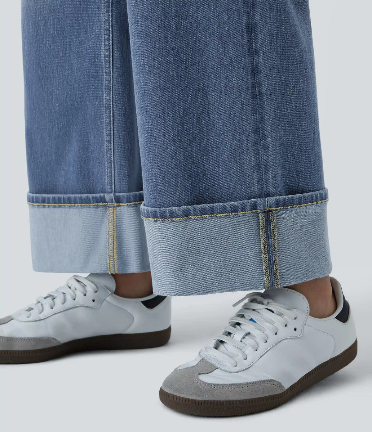 Halara Flex™ High Waisted Pockets Rolled Hem Wide Leg Washed Casual Jeans