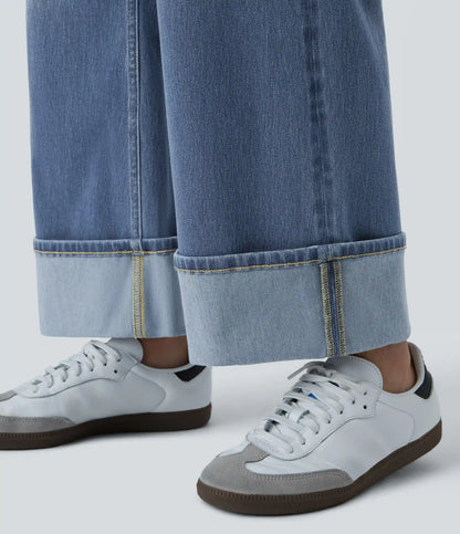 Halara Flex™ High Waisted Pockets Rolled Hem Wide Leg Washed Casual Jeans