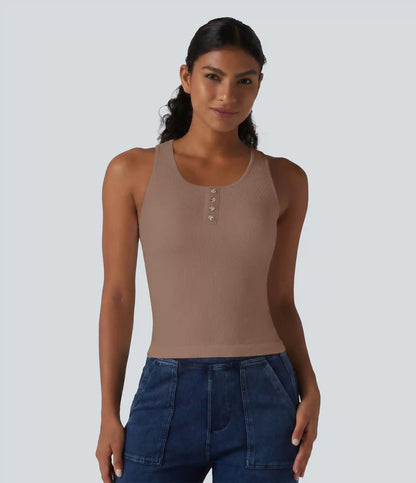 Ribbed Knit Round Neck Built-in Bra Casual Tank Top