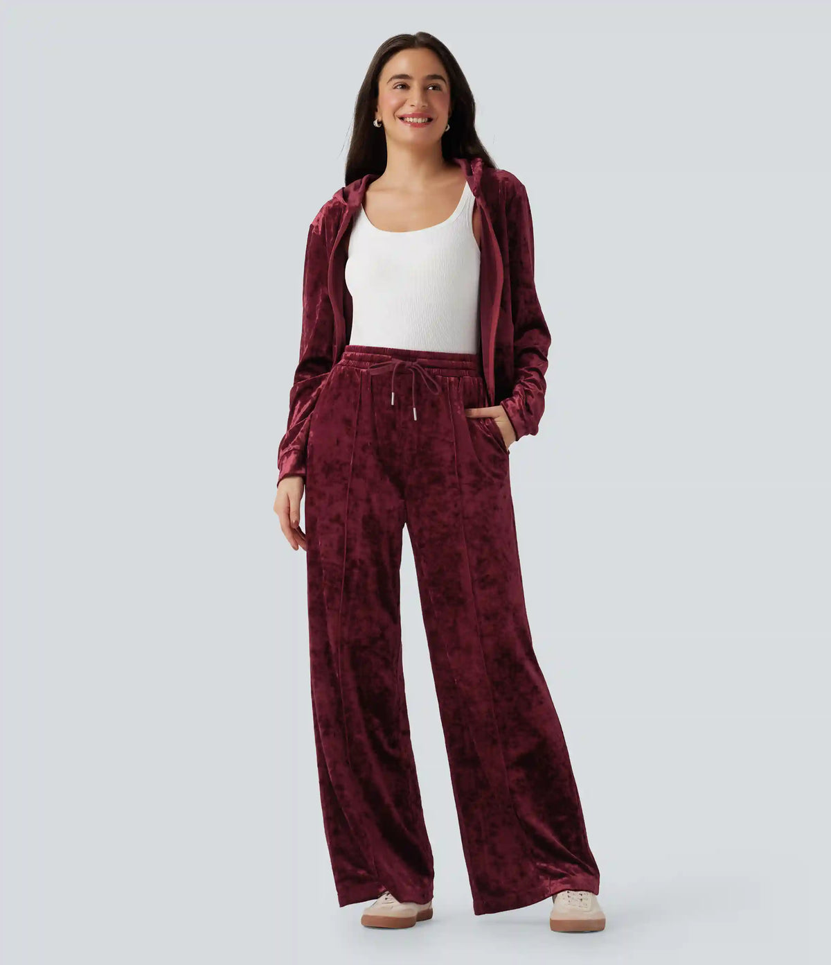 Mid Rise Drawstring Velvet Wide Leg Casual Pants with Pockets