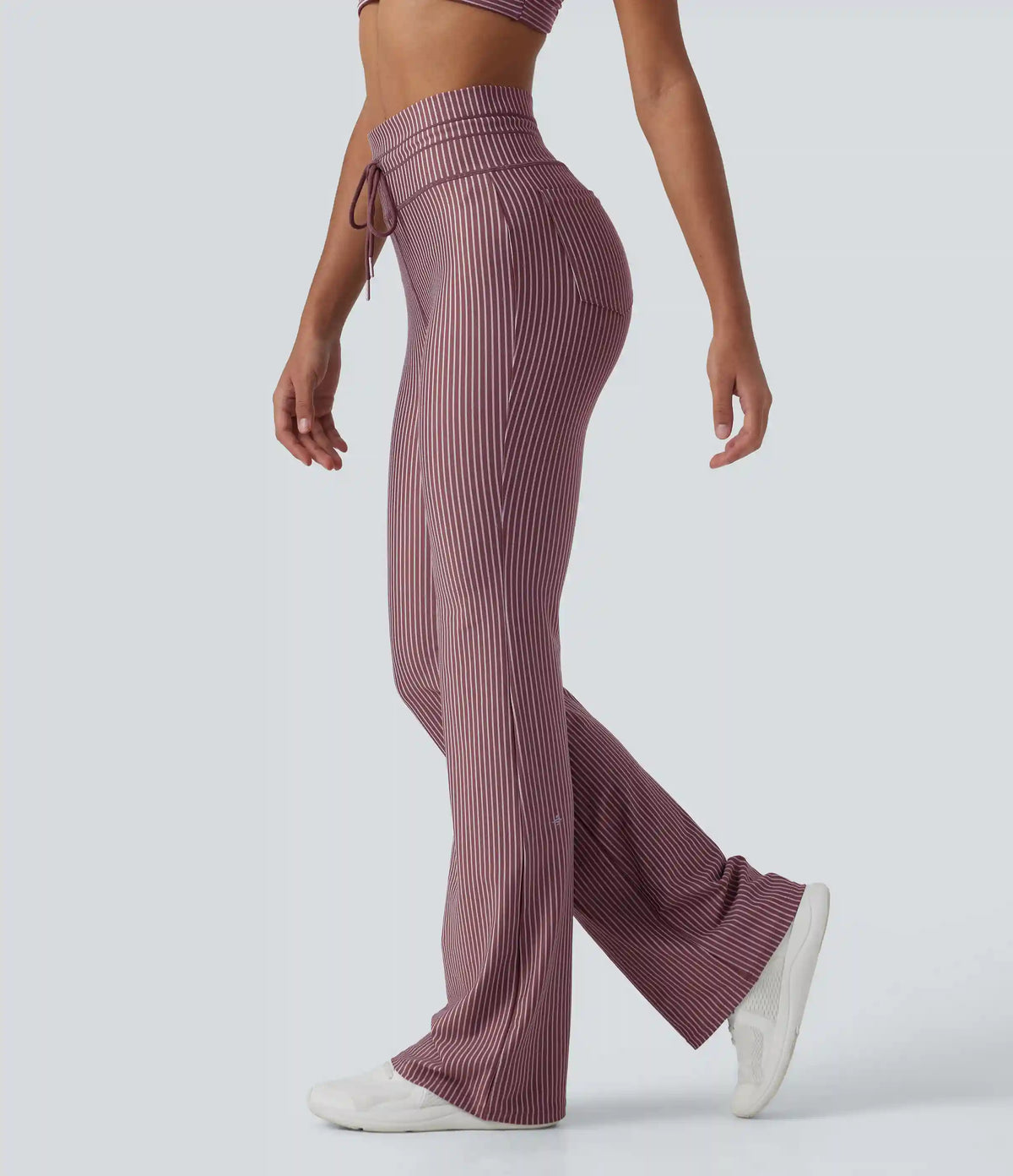 High Waisted Drawstring Stripe Flare Yoga Pants with Pockets