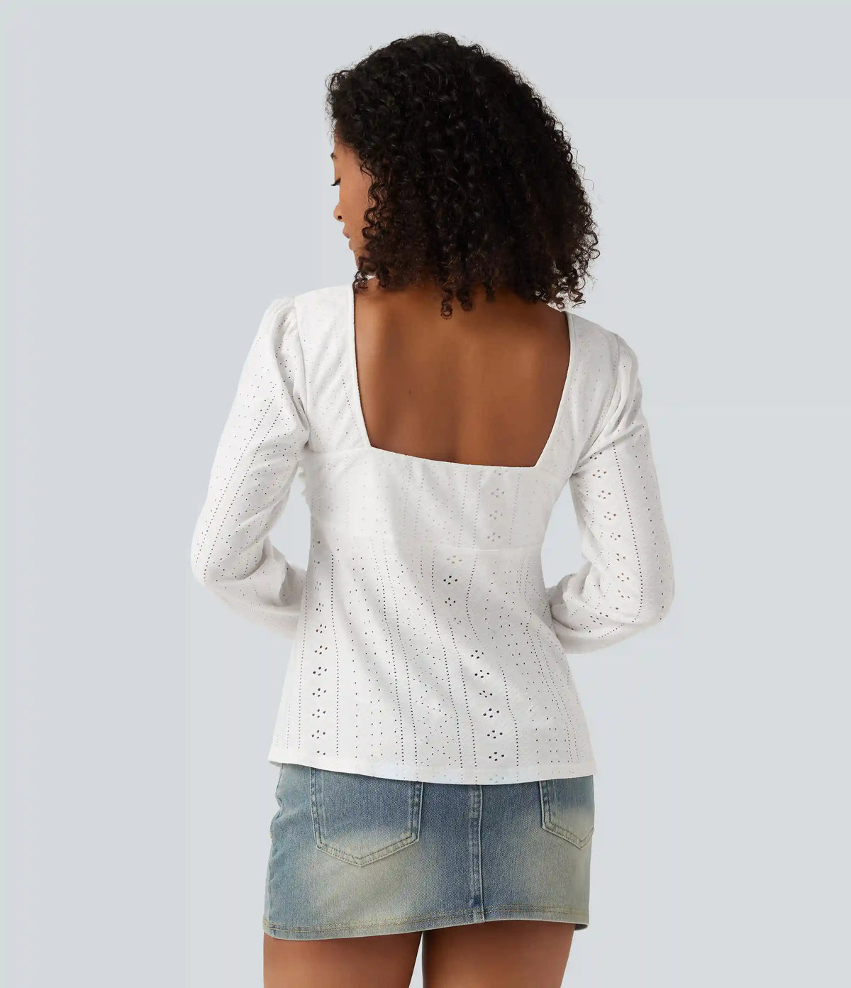 Sweetheart Neck Long Sleeve Lace Up Built-in Bra Eyelet Casual Top