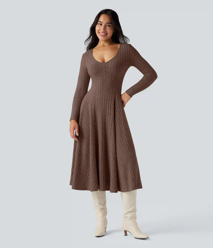 Ribbed Knit V Neck Long Sleeve Flare Midi Casual Dress