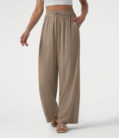 High Waisted Drawstring Wide Leg Casual Linen-Blend Pants with Pockets