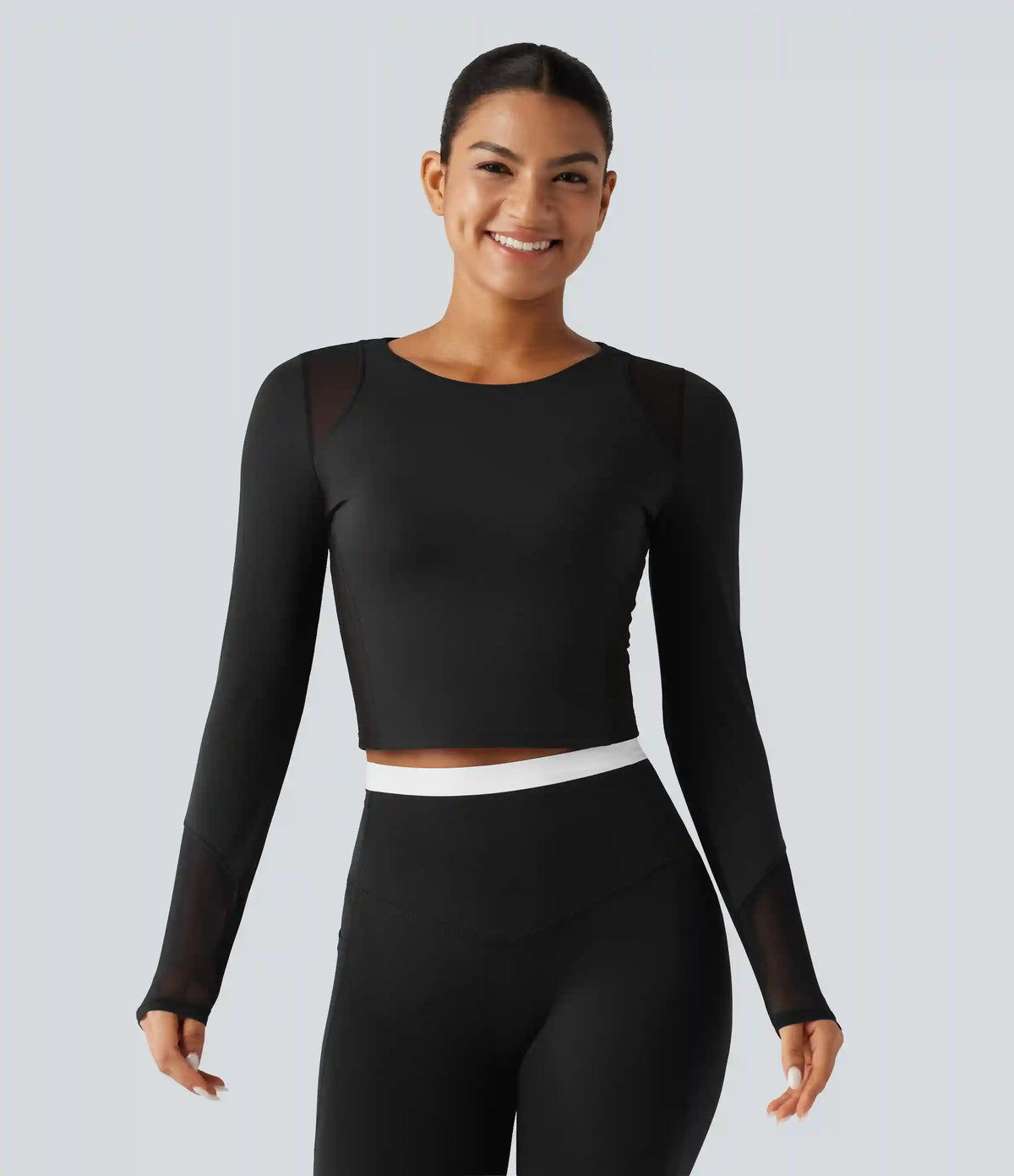Round Neck Long Sleeve Contrast Mesh InstantCool Quick Dry Yoga Sports Top