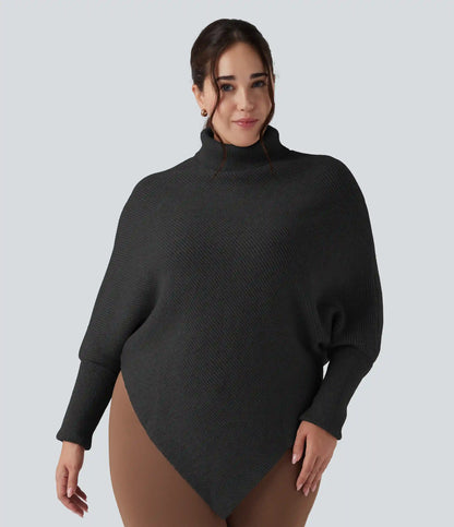 High Neck Long Sleeve Asymmetric Hem Work Plus Size Sweater