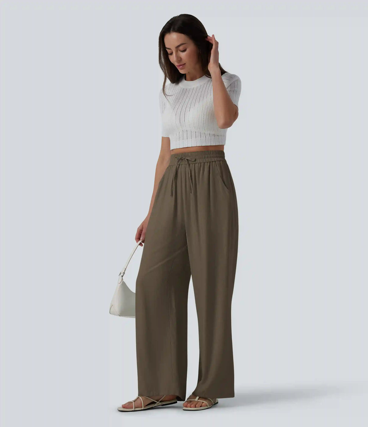 High Waisted Drawstring Wide Leg Casual Linen-Blend Pants with Pockets