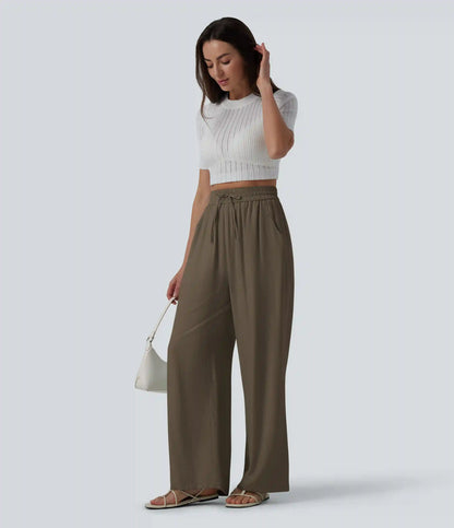 High Waisted Drawstring Wide Leg Casual Linen-Blend Pants with Pockets