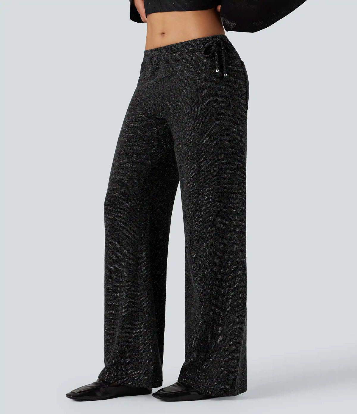 Ribbed Knit Sparkle Mid Rise Drawstring Wide Leg Casual Pants with Pockets