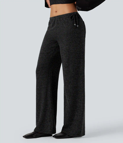 Ribbed Knit Sparkle Mid Rise Drawstring Wide Leg Casual Pants with Pockets