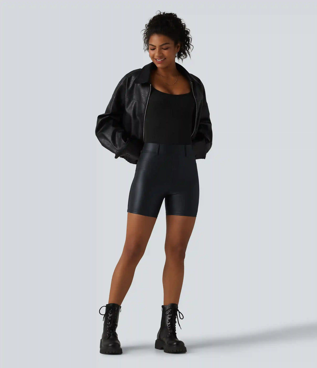 High Waisted Stretchy PU Casual Biker Shorts 5'' with Pockets