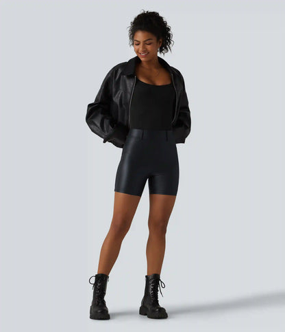 High Waisted Stretchy PU Casual Biker Shorts 5'' with Pockets
