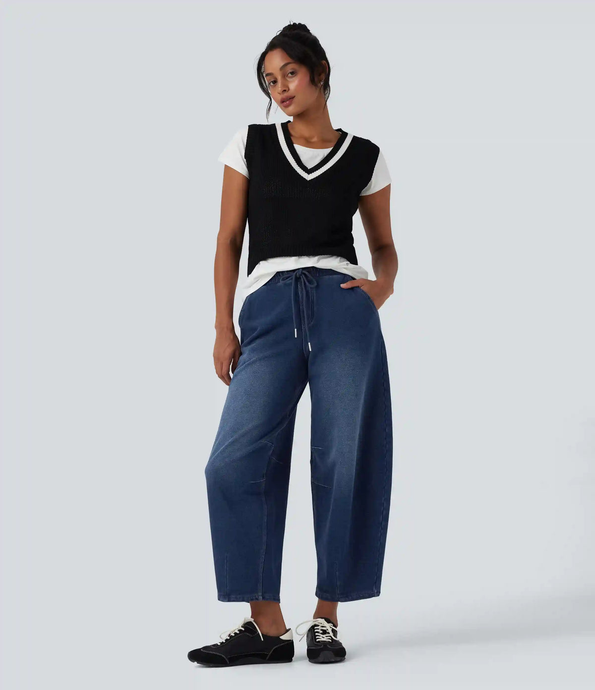 Halara Flex™ Mid Rise Drawstring Barrel Leg Casual French Terry Baggy Sweatpants Jeans with Pockets