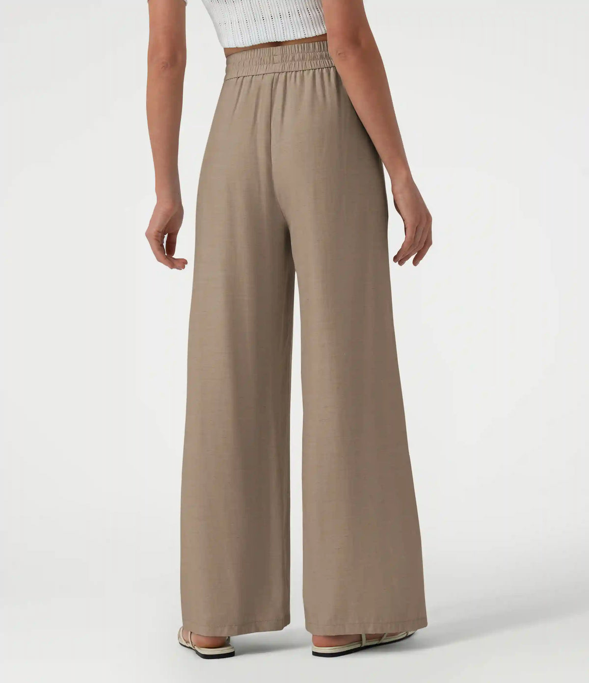 High Waisted Drawstring Wide Leg Casual Linen-Blend Pants with Pockets