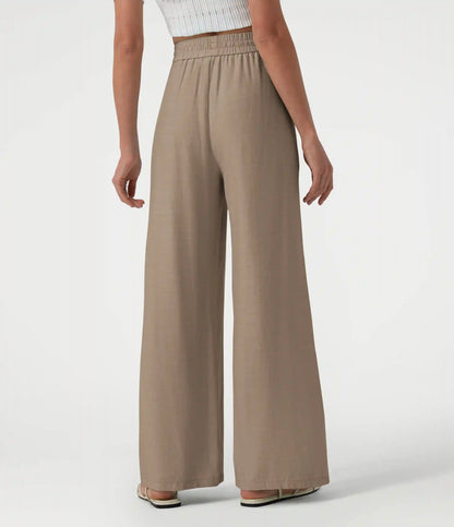 High Waisted Drawstring Wide Leg Casual Linen-Blend Pants with Pockets