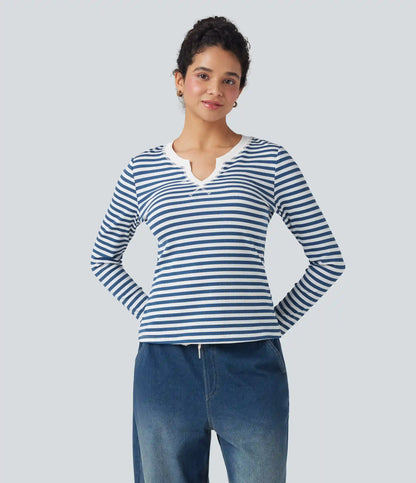 Notched Long Sleeve Stripe Casual Top