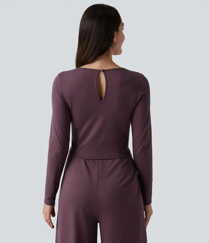 Round Neck Long Sleeve Wide Leg Casual Jumpsuit with Pockets-Easy Peezy Edition