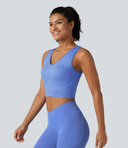 OneForm Seamless Flow V Neck Built-in Bra Lace Up Cropped Yoga Tank Top