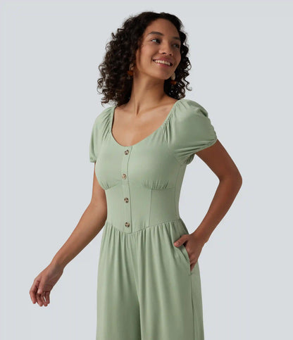 V Neck Puff Short Sleeve Non-Removable Pad Corset Jumpsuit with Pockets