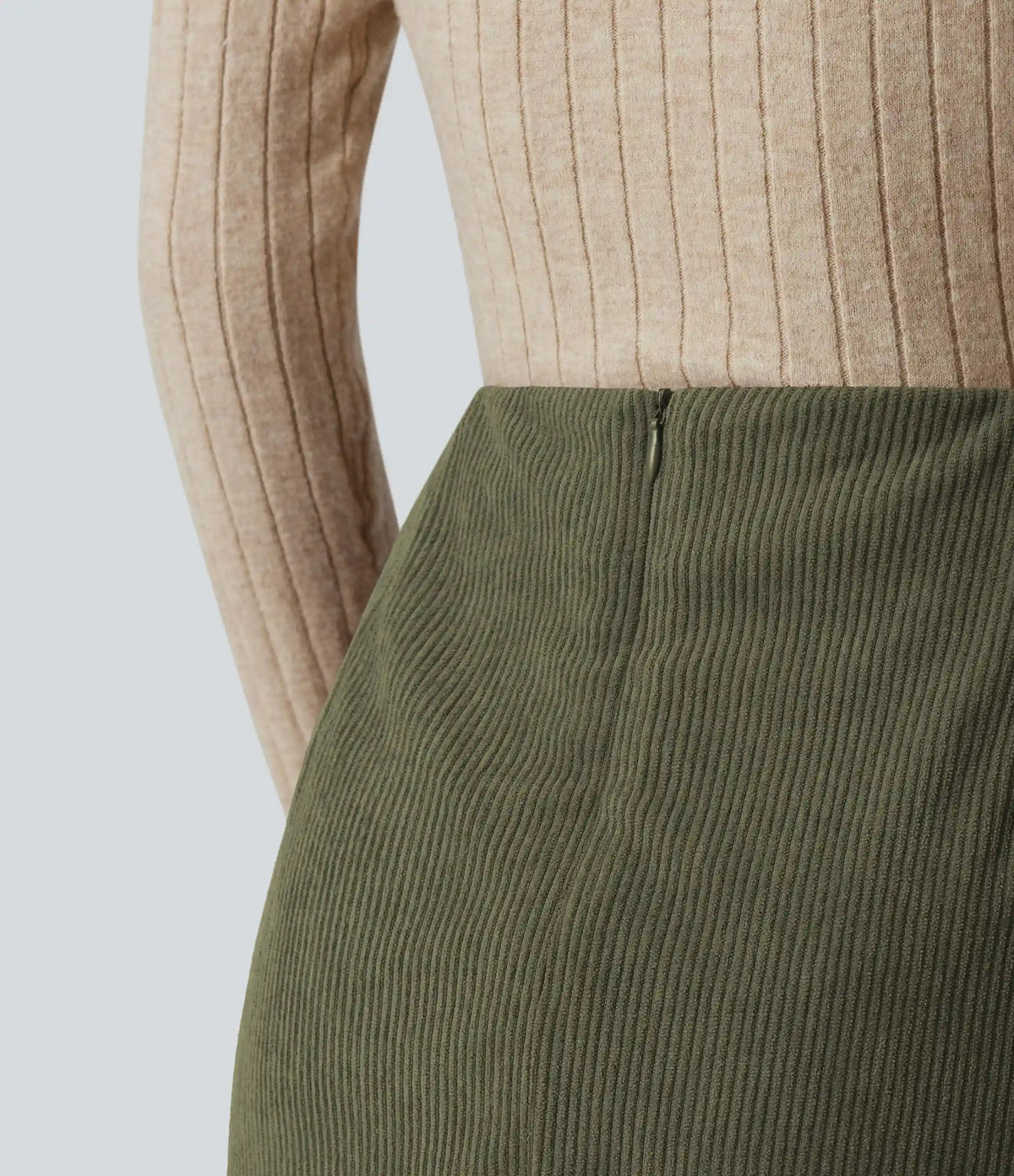 High Waisted Back Zipper Split Hem 2-in-1 Corduroy Casual Skirt-Longer Length
